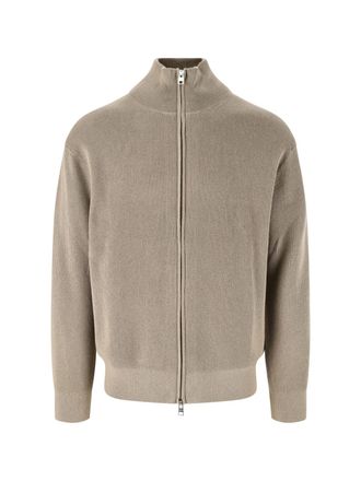 Closed Ribbed Knit Sweater With High Collar And Full Zipper Closure