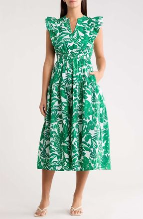 Sugarlips Masey Tropical Virna Ruffle Midi Sundress in White-Greens at Nordstrom, Size X-Small