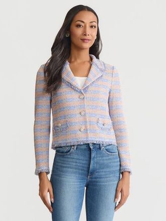 Misook Relaxed Plaid Fringe Trim Knit Jacket in Tranquil Blue at Nordstrom, Size Xx-Large