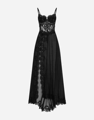 Dolce & Gabbana Long Silk Chiffon And Chantilly Lace Slip Dress - Woman Dresses Black Silk 36