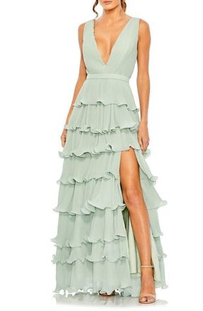 Mac Duggal Sleeveless Ruffle Tiered V Neck Gown in Sage at Nordstrom, Size 14