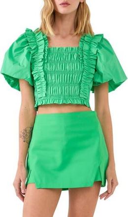 endless rose Smocked Puff Sleeve Crop Top in Green at Nordstrom Rack, Size Medium