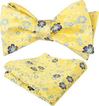 Alizeal Mens Self Tied Floral Classic Bow Tie and Pocket Square Colorful Wedding Party Bow Tie and Handkerchief Set, Yellow+Blue