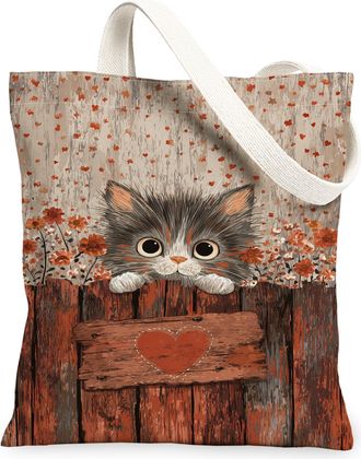 Generic Cute Cat Floral Canvas Tote Bags, Vintage Animal Plant Pattern Reusable Grocery Bags, Lightweight Washable Shoulder Strap C, Gray, 13x15 Inch