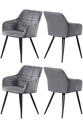 Life Interiors Set of 4 Camden Modern Velvet Dining Chairs with Armrests, Quilted Design & Black Metal Legs in Dark Grey