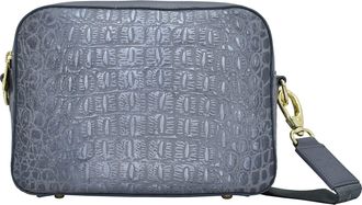 Anuschka Womens Hand-Painted Genuine Leather Twin Top Messenger - Croco Embossed Silver/Grey