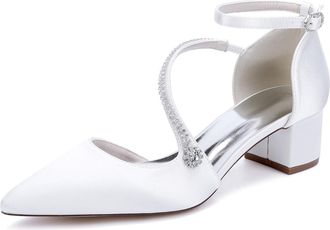 Generic Bridal Shoes Womens Rhinestone Wedding Prom Pumps Satin Pointed Toe Ankle Strap Bridesmaid Chunky Heels Shoes4.5Cm,White,10 UK
