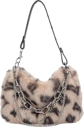 Generic Womens Plush Bags Faux Fur Leopard Shoulder Bag Womens Autumn Winter Chain Handbags Ladies Print Clutch Purses Fluffy Top Handle Bags(Yellow)
