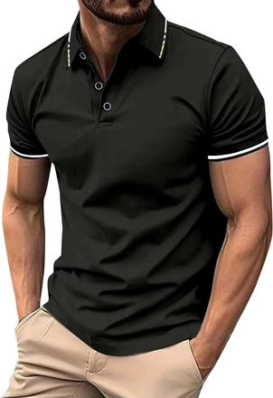 Generic Black T Shirt Men Short Sleeve Button Down Solid Color Texture V Neck Lapel Polo Shirts Muscle Fit Comfy Daily Classic Fashion Golf Tees Breathable Li