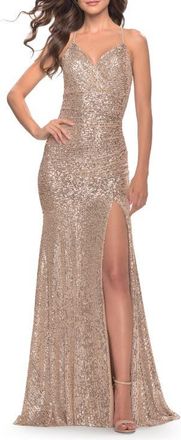 La Femme Long Sequin Gown with Dramatic Flare Skirt and Slit in Rose Gold at Nordstrom, Size 12