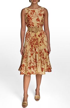 DKNY Floral Sleeveless Belted A-Line Midi Dress in Cinnamon/Beach at Nordstrom, Size 10