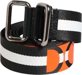 Dolce & Gabbana Black White Striped Logo Metal Buckle Mens Belt