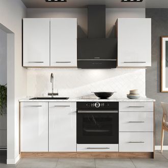 Vicco Cocina Para Solteros Fame-line, Blanco Alto Brillo/roble Dorado, 190 Cm, Et M&aacute;rmol, Vicco