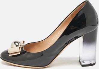 Ferragamo Black/beige Patent Leather Bow Block Heel Pumps