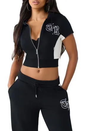 True Religion Paneled Short Sleeve Full Zip Hoodie in Jet Black at Nordstrom, Size Xx-Large