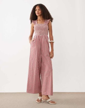 Nobody's Child Maya - Tuta jumpsuit rossa a quadretti con scollo squadrato-Rosso