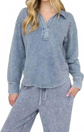 Blu Pepper Washed Long Sleeve U Hem Polo Knit Top In Indigo Blue