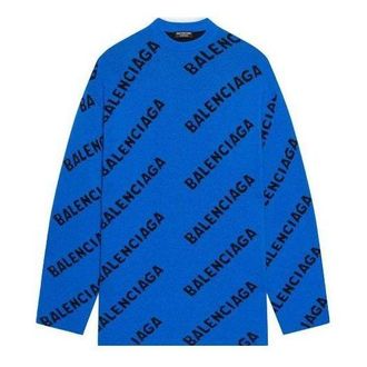 Balenciaga All Over Logo Crewneck Wool Knit Sweater Blue 657400T15673964