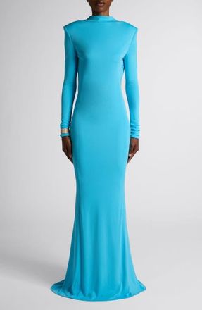 Tom Ford Long Sleeve Crepe Jersey Gown in Aqua Blue at Nordstrom, Size 36
