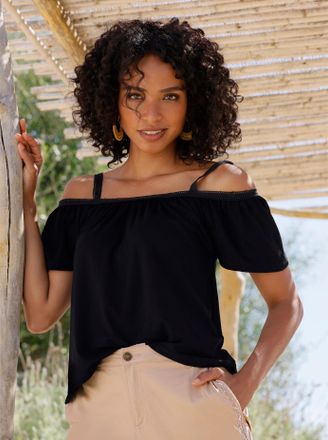 Heine Kurzarmshirt HEINE Shirt, Damen, Gr. 34, schwarz, 95% Viskose, 5% Elasthan, unifarben, Carmenausschnitt, Shirts Kurzarmshirt