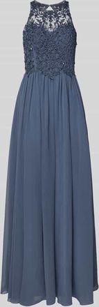 Laona Abendkleid mit floralen Stickereien in Rauchblau, Größe 32