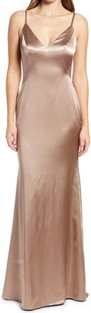 La Femme Stretch Satin Trumpet Gown in Nude at Nordstrom, Size 10