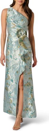 Adrianna Papell One-Shoulder Rosette Metallic Jacquard Slit Gown in Blue Multi at Nordstrom, Size 10