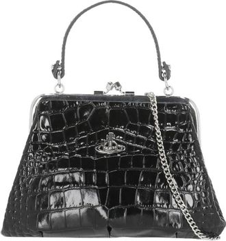 Vivienne Westwood Granny Frame Black Crocodile Handbag With Metal Logo And Chain Strap