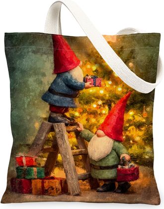 Generic Christmas Gnome Canvas Tote Bags, Festive Art Pattern Reusable Grocery Bags, Winter Vintage Lightweight Washable Shoulder S, Multicolor, 13x15 Inch