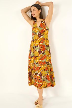 Roman Leaf Print Tiered Midi Dress