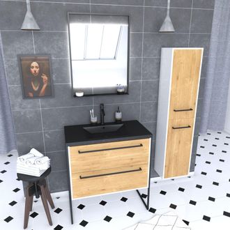 Aurlane Mueble De Ba&ntilde;o 80 Cm, Lavabo Negro, Espejo Led Y Columna - Blanco Y Roble