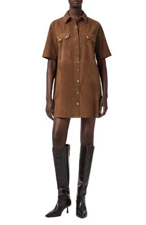 AllSaints Rock Western Leather Mini Shirtdress in Sugar Brown at Nordstrom, Size 12 Us