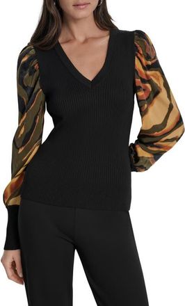 DKNY Rib Puff Shoulder Sweater in Black/Ubran Tiger at Nordstrom, Size X-Small