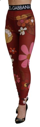 Dolce & Gabbana Red Floral Leggings Stretch Waist Womens Pants