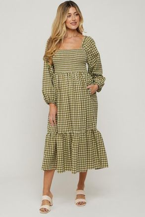 Pinkblush Gingham Long Sleeve Midi Dress in Olive Green at Nordstrom, Size Medium