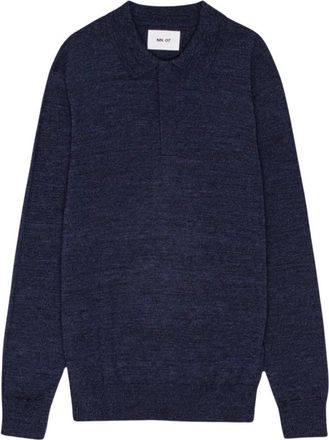 Nn.07 Wol Mouline Polo Sweater Navy - Heren - V-hals truien - Blauw - XL - Wol - Truien & Vesten