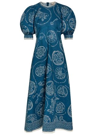 Alemais Alemais Lucky Printed Linen Midi Dress - Blue - 12 (UK12 / M)
