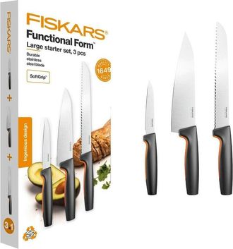 Fiskars Set di Coltelli da Cucina, 3 Pezzi, Functional Form, Inclusi Coltello da Cucina (medio), Coltello per Verdure e Coltello da Pane, Acciaio Inox