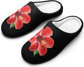 Generic Hibiscus Blossoming Cotton Slippers for Women Memory Foam Comfy House Shoes with Anti-Skid Rubber Sole