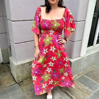 Peach Love California Floral Print Cut-Out Midi Dress In Coral Multi