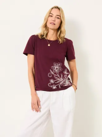Fat Face FatFace Freya Plum Purple Floral Embroidered T Shirt