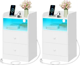 Woltu Woltu 2x Mesita De Noche Moderna Para Dormitorio, Con Enchufes, Puertos Usb Y Luces Led, Mesa De Centro Con 1 Tablero, 1 Compartimento Y 2 Cajones Bla