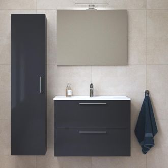 Vitra Mia Conjunto De Mobiliario Para Ba&ntilde;o 79x61x39,5 Cm Con Espejo, Lavabo Y Luz Led + Mueble De Ba&ntilde;o 145x35x35 Cm, Antracita Brillan