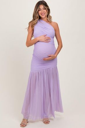 Pinkblush Ruched Mesh One Shoulder Maxi Dress in Lavender at Nordstrom, Size Medium