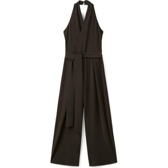 Mango Halter Tie Waist Wide Leg Faux Wrap Jumpsuit in Brown at Nordstrom, Size X-Large