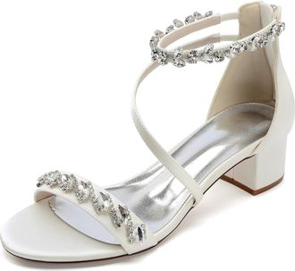 Generic Womens Wedding Heels Bridal Low Chunky Heels Sandals Satin Open Toe Heeled Party Dress Pump Shoes 4.5Cm,Ivory,10 UK