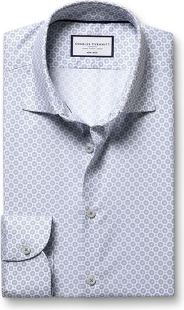 CHARLES TYRWHITT Non-Iron Stretch Print Cotton Shirt - Dark Blue Single Cuff Size 15/33 by Charles Tyrwhitt