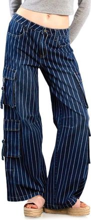 Wash Lab Denim High Waist Straight Leg Cargo Jeans in Indigo Stripes at Nordstrom, Size 31