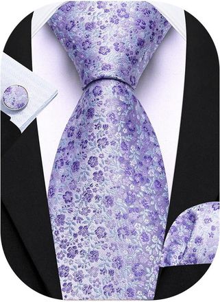 Barry.Wang Mens Tie Silk Floral Necktie Pocket Square Cufflinks Set Wedding Wedding Prom