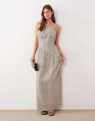 Pretty Lavish Zaria - Vestito lungo color crema a pois marroni con dettaglio stile corsetto-Bianco